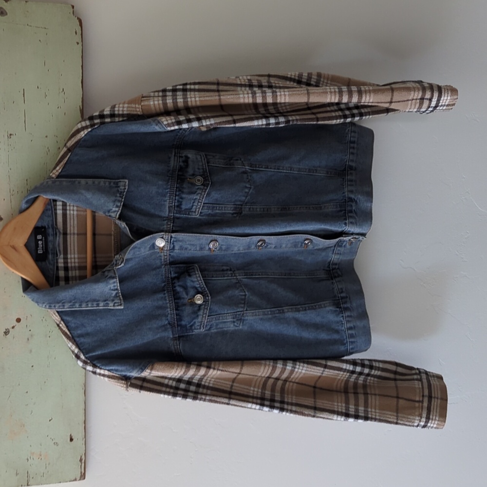 BLUE B COLLECTION I Boutique Denim & Plaid Flannel Contrast Jean Jacket, L - Picture 13 of 15
